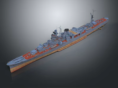 Detailed Warship Model with Turrets Antennas Gray Hull and Red Deck as Waterborne Transport 3d model