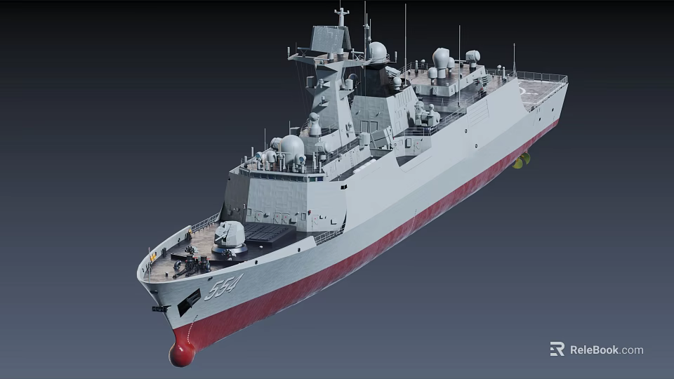 Modern Military Warship Featuring White Hull Red Bottom Radar And Antennas 3d model 