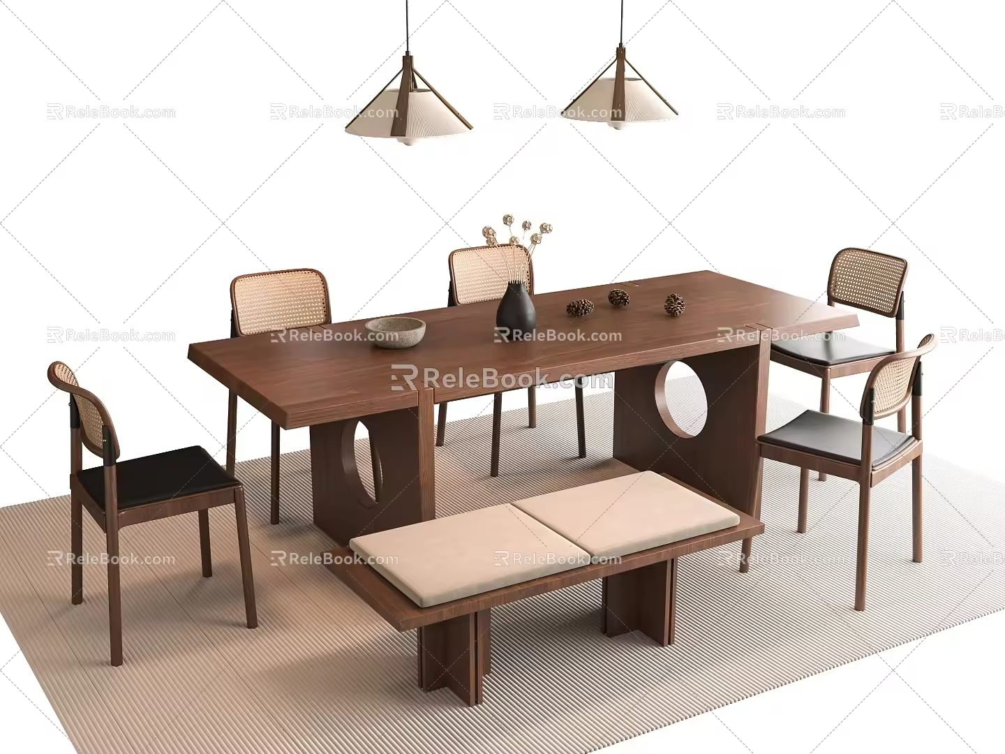 Middle style dining table and chair long dining table 3d model