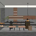 Modern Tea Room Interior With Wooden Tea Table Ceramic Tea Sets Green Plant And Stools