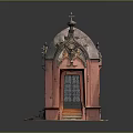 Red Ornate Building With Cross Topped Dome Wooden Door And Stone Steps