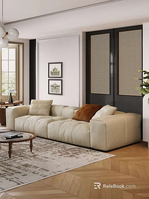 Beige Multi Seater Sofa With Brown Cushions Framed Paintings Rattan Walls And Coffee Table 3d model 