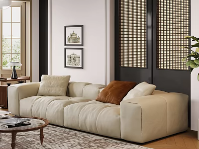 Beige Multi Seater Sofa With Brown Cushions Framed Paintings Rattan Walls And Coffee Table 3d model