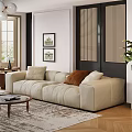 Beige Multi Seater Sofa With Brown Cushions Framed Paintings Rattan Walls And Coffee Table