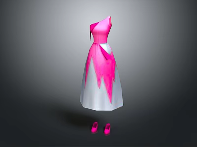 Man Looking At Pink Gradient Dress With White Bottom And Pink High Heels On Grey Background 3d model