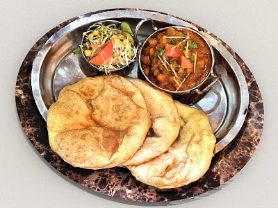 Traditional Indian Naan Bread Served With Chickpea Curry And Fresh Salad On Metal Tray 3d model