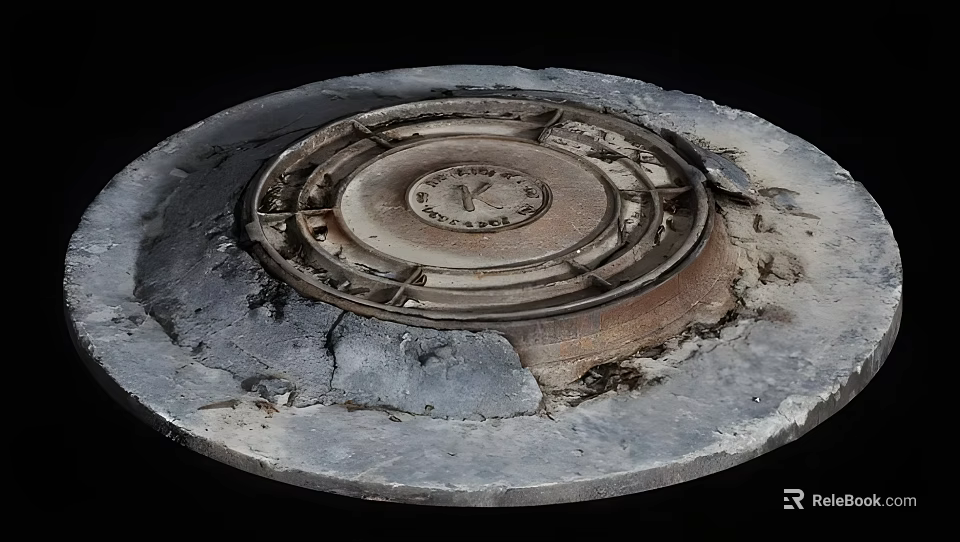 Urban Road Facility Featuring Circular Aged Metal Manhole Cover On Pavement 3d model 