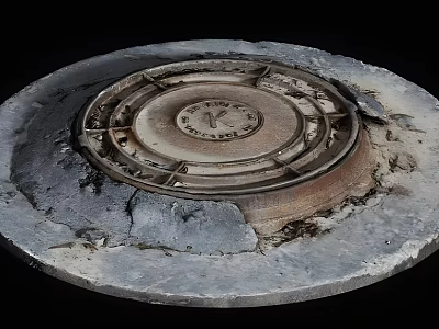 Urban Road Facility Featuring Circular Aged Metal Manhole Cover On Pavement 3d model