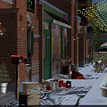 Festive Commercial Street With Red Brick Buildings Christmas Decorations Festive Lights And Snowy Ground