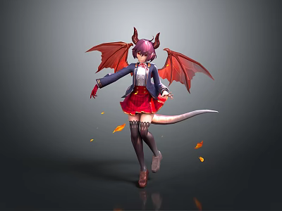 Game Movie Character With Pink Hair Horns Red Wings Tail School Uniform And Falling Leaves 3d model