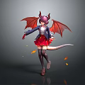 Game Movie Character With Pink Hair Horns Red Wings Tail School Uniform And Falling Leaves