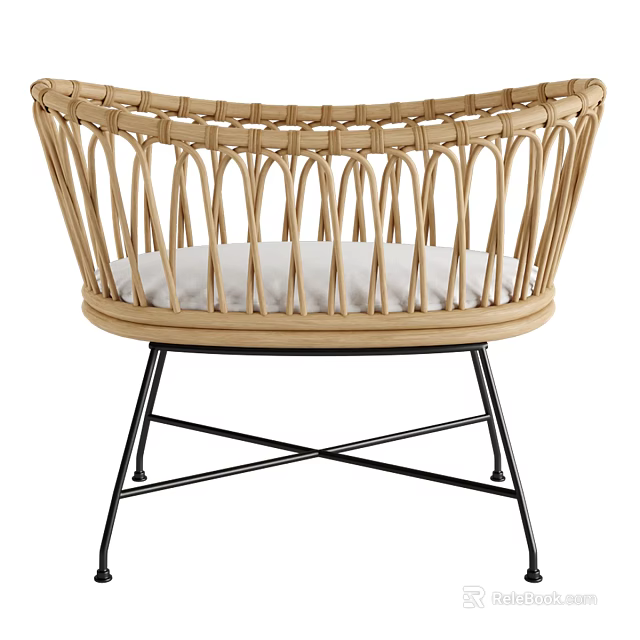 Natural Handwoven Rattan Children Chair With Soft Cushion And Sturdy Black Metal Legs 3d model 