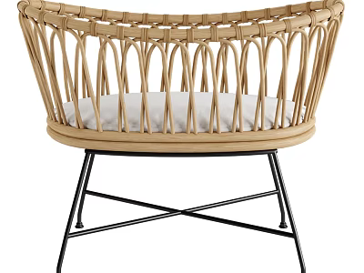 Natural Handwoven Rattan Children Chair With Soft Cushion And Sturdy Black Metal Legs 3d model