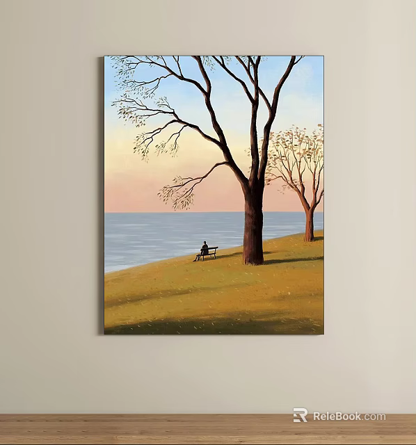 Peaceful Oil Painting With Person On Bench Two Trees Sunset Sky And Calm Sea 3d model 