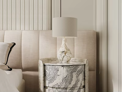 Elegant Marble Texture Bedside Table With White Shade Lamp Next To Beige Upholstered Bed 3d model