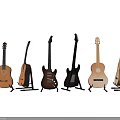 Different Types of Acoustic and Electric Guitars Arranged in a Row on Stands