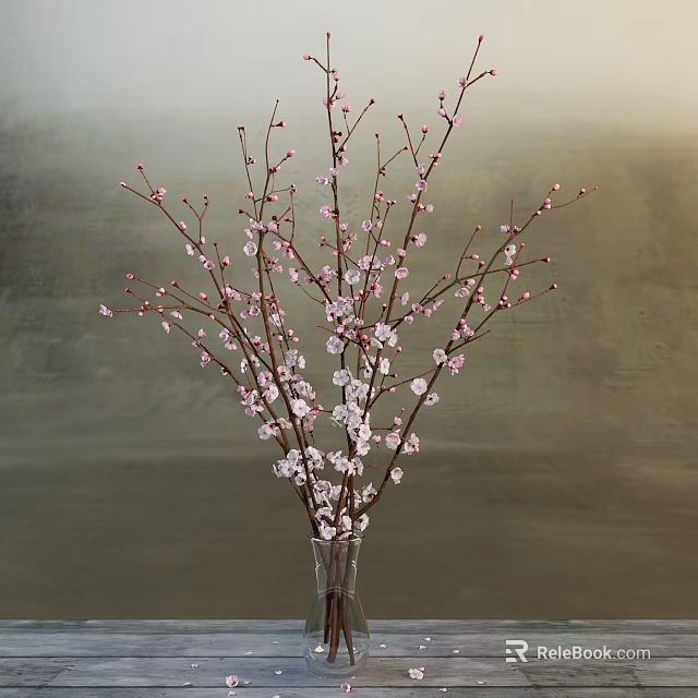 Transparent Vase With Pink Flower Branches Against Gray Wall Background 3d model
