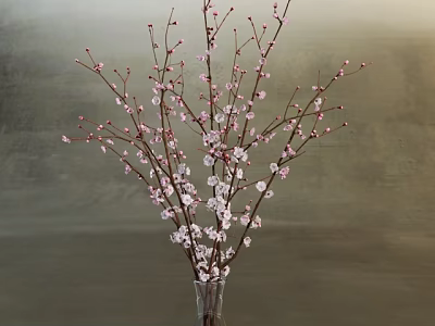 Transparent Vase With Pink Flower Branches Against Gray Wall Background 3d model