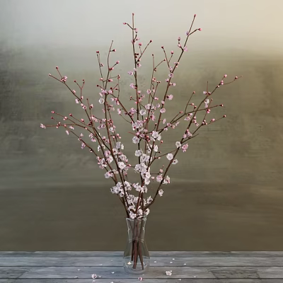 Transparent Vase With Pink Flower Branches Against Gray Wall Background 3d model