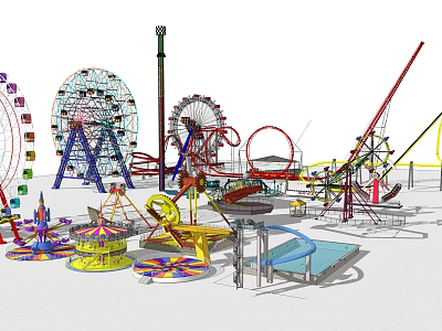 Colorful Amusement Rides Including Ferris Wheel Roller Coaster Carousel Swings And Slide 3d model
