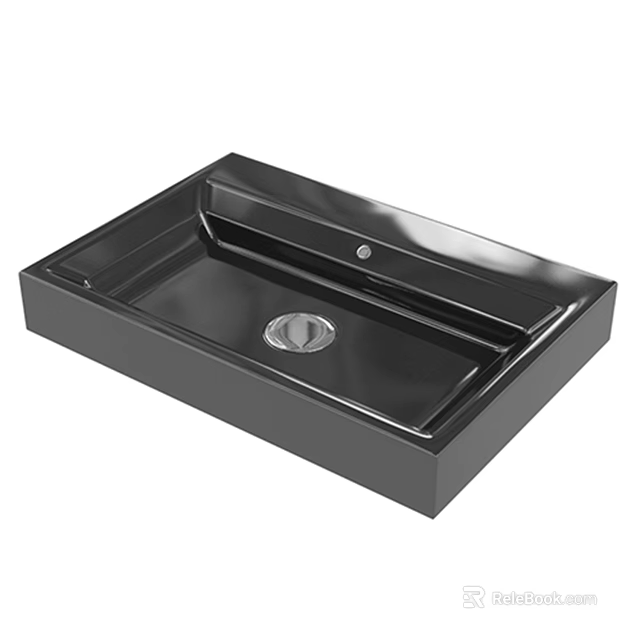 Black Rectangular Modern Washbasin With Glossy Surface And Central Drain 3d model 