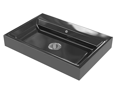 Black Rectangular Modern Washbasin With Glossy Surface And Central Drain 3d model