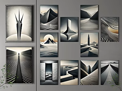 Modern Abstract Paintings With Geometric Shapes Lines And Monochrome Tones 3d model