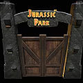 Iconic Jurassic Park Wooden Swing Door With Stone Frame And Archway Design