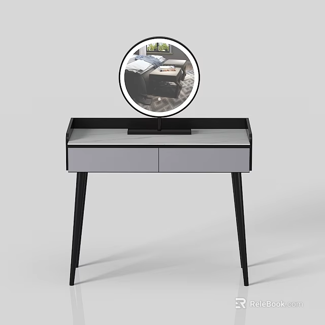 Modern Dressing Table With Round Mirror Drawers And Black Metal Legs 3d model 
