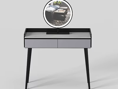Modern Dressing Table With Round Mirror Drawers And Black Metal Legs 3d model