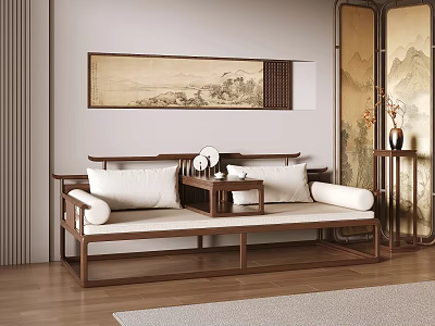 Traditional Chinese Luohan Bed With Wooden Frame White Cushions Landscape Painting And Decorative Screen 3d model