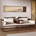 Traditional Chinese Luohan Bed With Wooden Frame White Cushions Landscape Painting And Decorative Screen