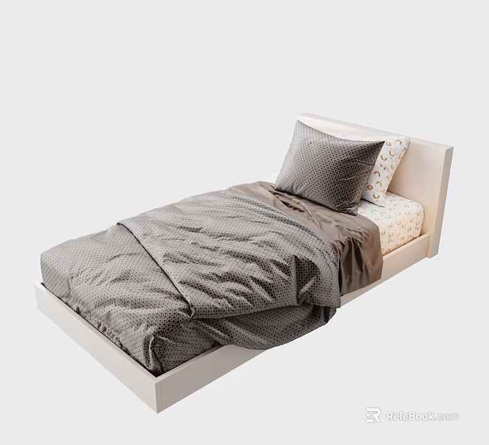 Single Bed With White Frame Gray Quilt And Polka Dot Pillow 3d model