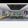 Modern Billiard Room With Multiple Pool Tables Hanging Lights And Bar Counter 3d model