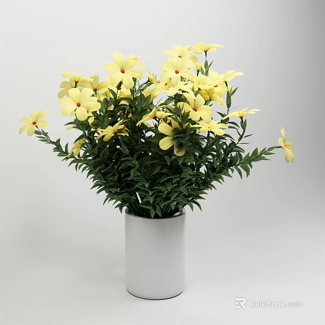 Beautiful Potted Plant With Yellow Flowers Green Leaves And White Vase 3d model 