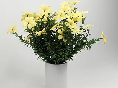 Beautiful Potted Plant With Yellow Flowers Green Leaves And White Vase 3d model