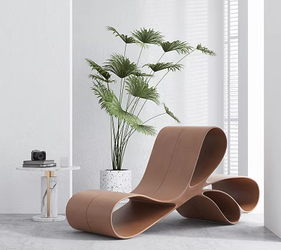 Modern Brown Leather Lounge Chair with Potted Green Plant and White Wall Window Blinds 3d model