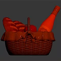 Wicker Basket Containing Fresh Bread Red Apple And Red Bottle For Food