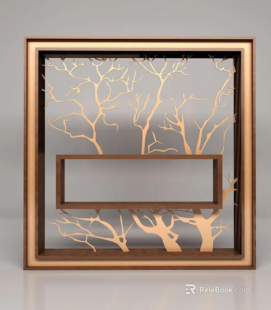 Elegant Feature Wall Design With Golden Tree Branch Patterns Wooden Frame And Rectangular Mirror 3d model 
