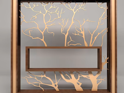 Elegant Feature Wall Design With Golden Tree Branch Patterns Wooden Frame And Rectangular Mirror 3d model