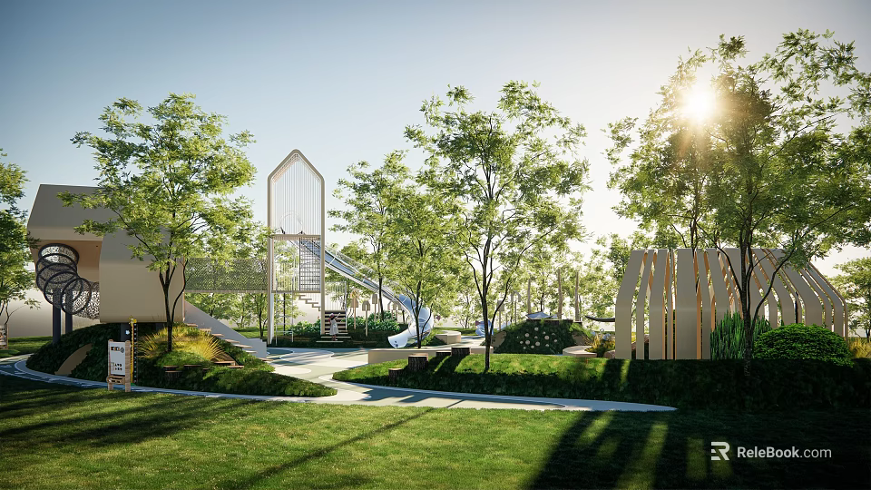 Outdoor Children's Play Area With Slide Climbing Structure And Green Trees Grass 3d model 