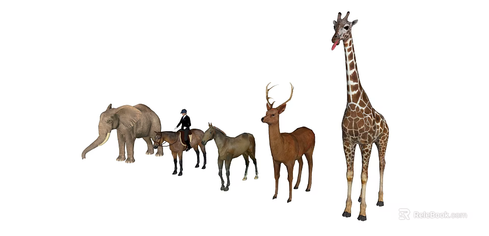Reptile Animals In Wildlife Group With Giraffe Elephant Deer And Horses 3d model 