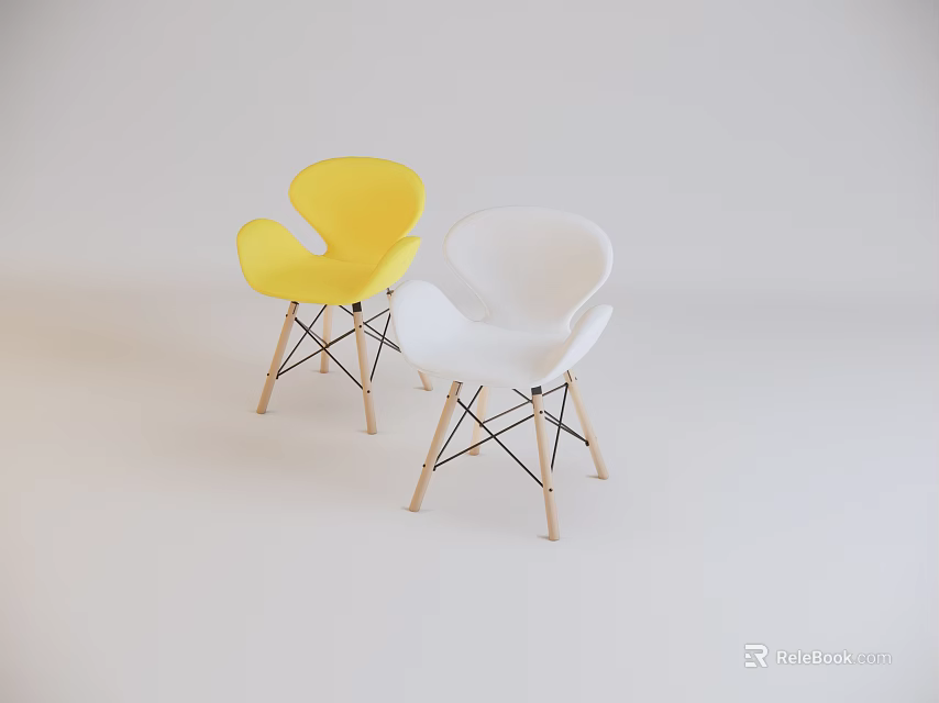 Yellow and White Accent Chairs with Wooden Legs Modern Stylish Design 3d model 
