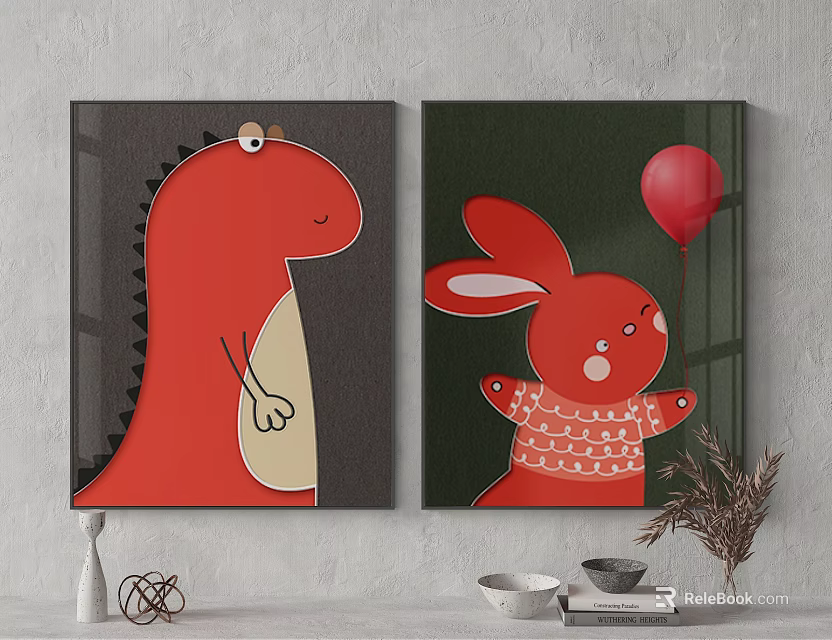 Red Dinosaur And Rabbit Holding Balloon Decorative Wall Paintings 3d model