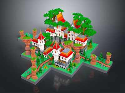 Ancient Castle Scene With Red Roofs White Buildings Towers And Green Trees 3d model