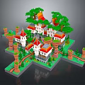 Ancient Castle Scene With Red Roofs White Buildings Towers And Green Trees