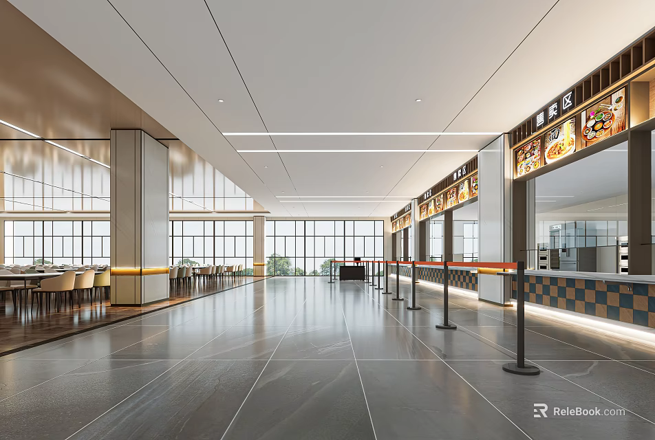 Bright Modern Canteen Interior With Spacious Dining Area And Service Counters 3d model 