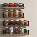 Transparent Glass Jars With Beans Grains Spices On Multi Layer Wooden Shelves Light Wall Background