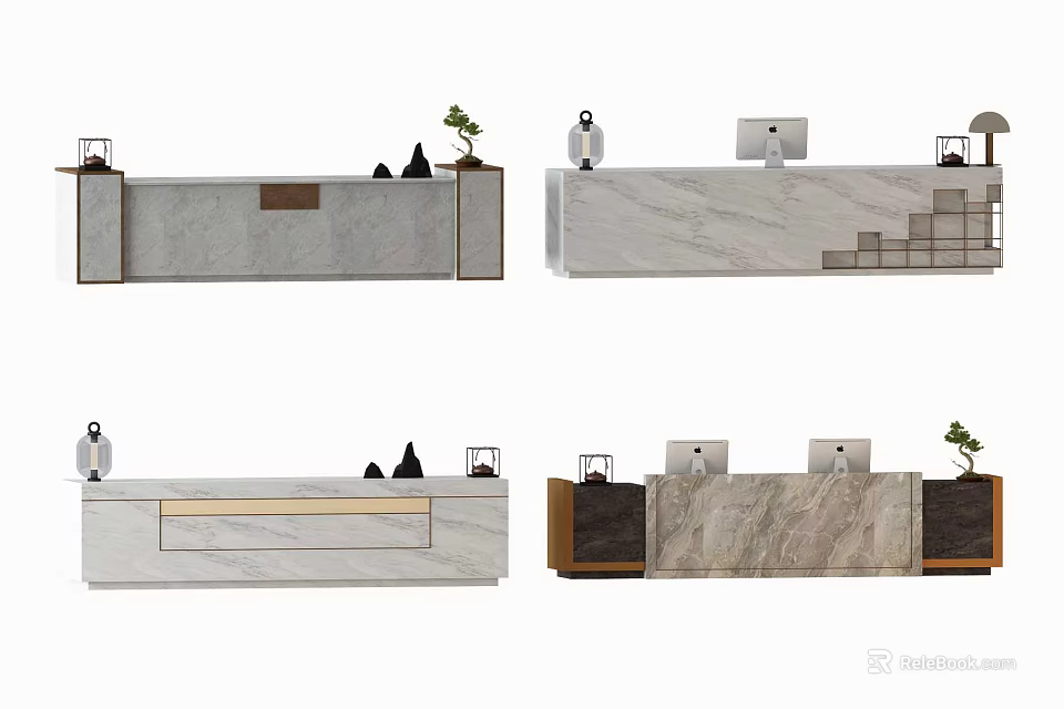 Modern Reception Desk Designs With Marble Wood Surfaces Decorative Plants And Computer Monitors 3d model 