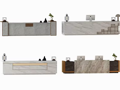 Modern Reception Desk Designs With Marble Wood Surfaces Decorative Plants And Computer Monitors 3d model